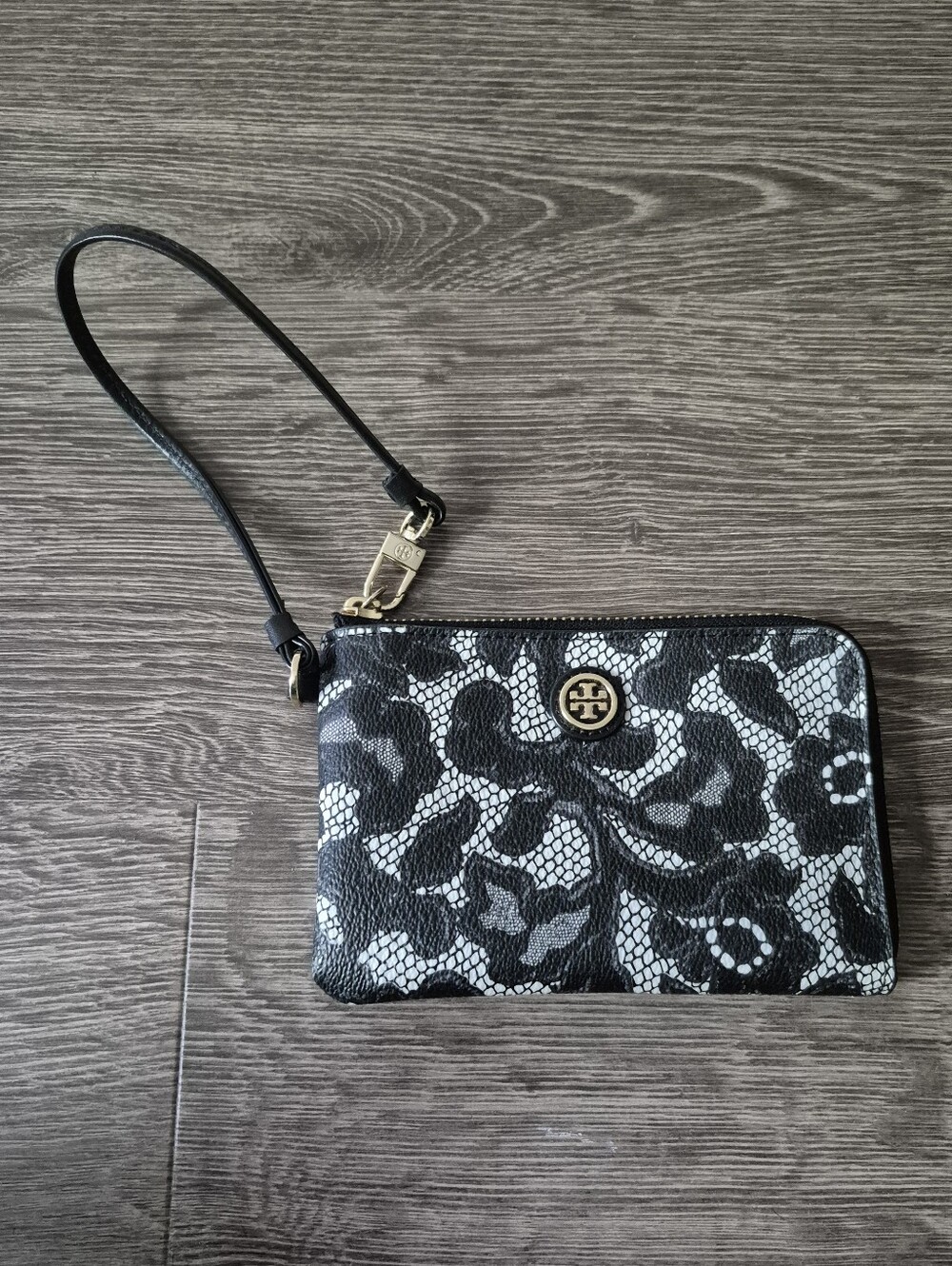 Tory Burch Black and White Lace Patterned Wristlet Clutch Coated Canvas